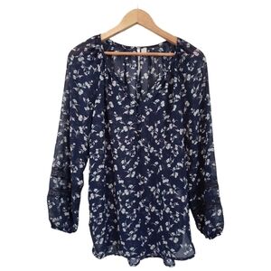 🪻BOGO🪻 LC Lauren Conrad | Floral Print Sheer Blouse Lace Sleeve Size Small